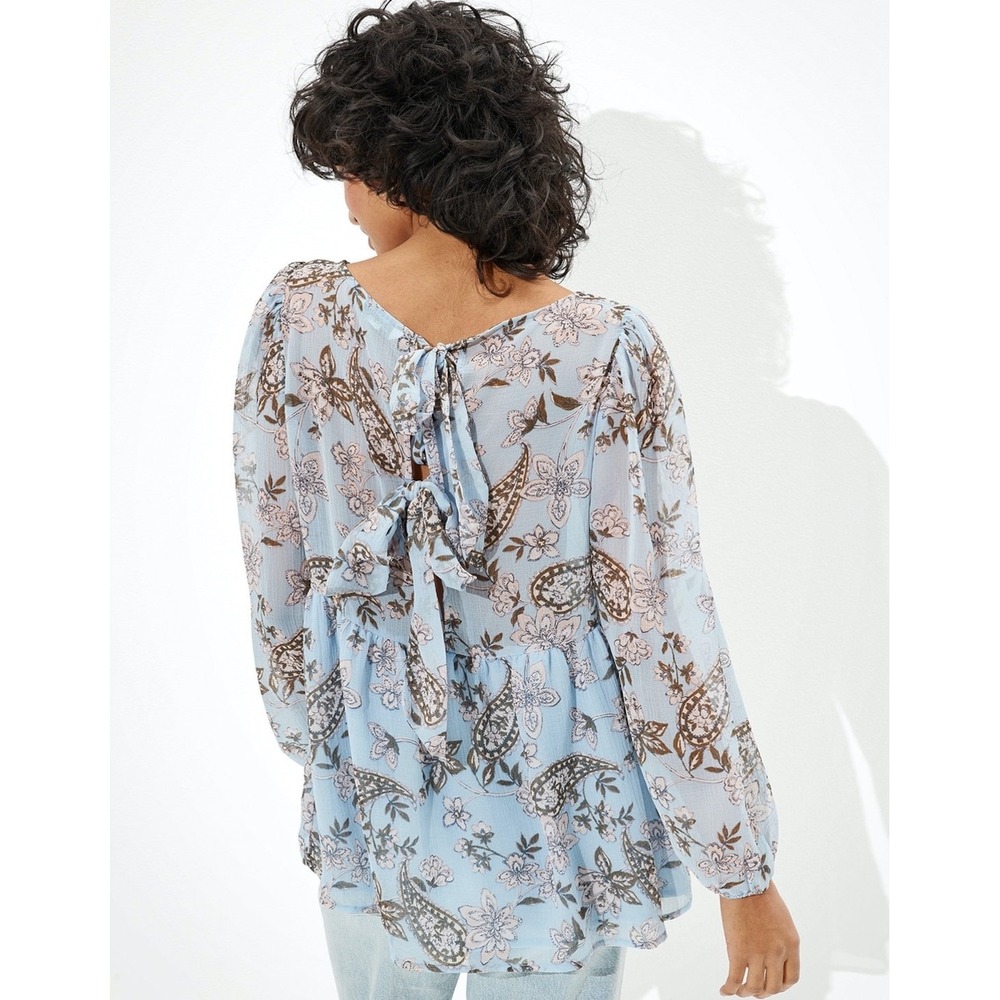 American Eagle Light Blue Paisley Floral Babydoll Tie Back Blouse Top Small - Picture 2 of 11